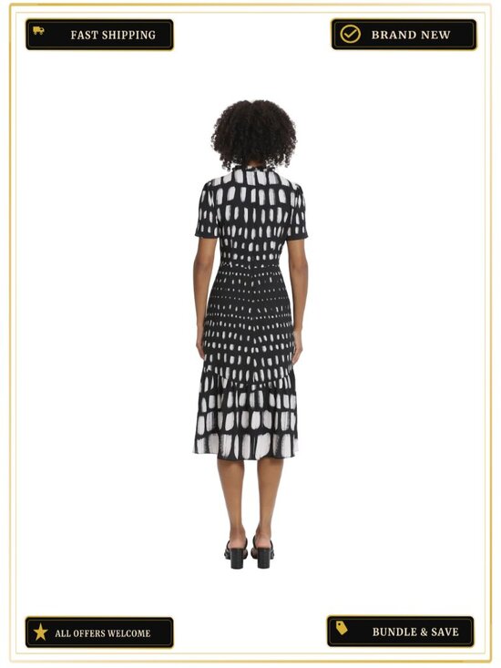 Dresses & Skirts - Short Sleeve A-Line Midi Dress with Abstract Print Tiered Seams